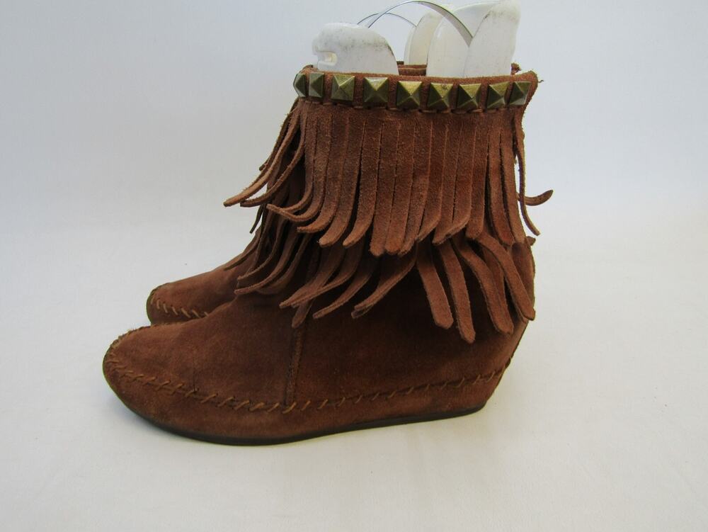Skechers Womens Size 7.5 M Brown Suede Fringe Studded Zip Fashion Ankle Boots